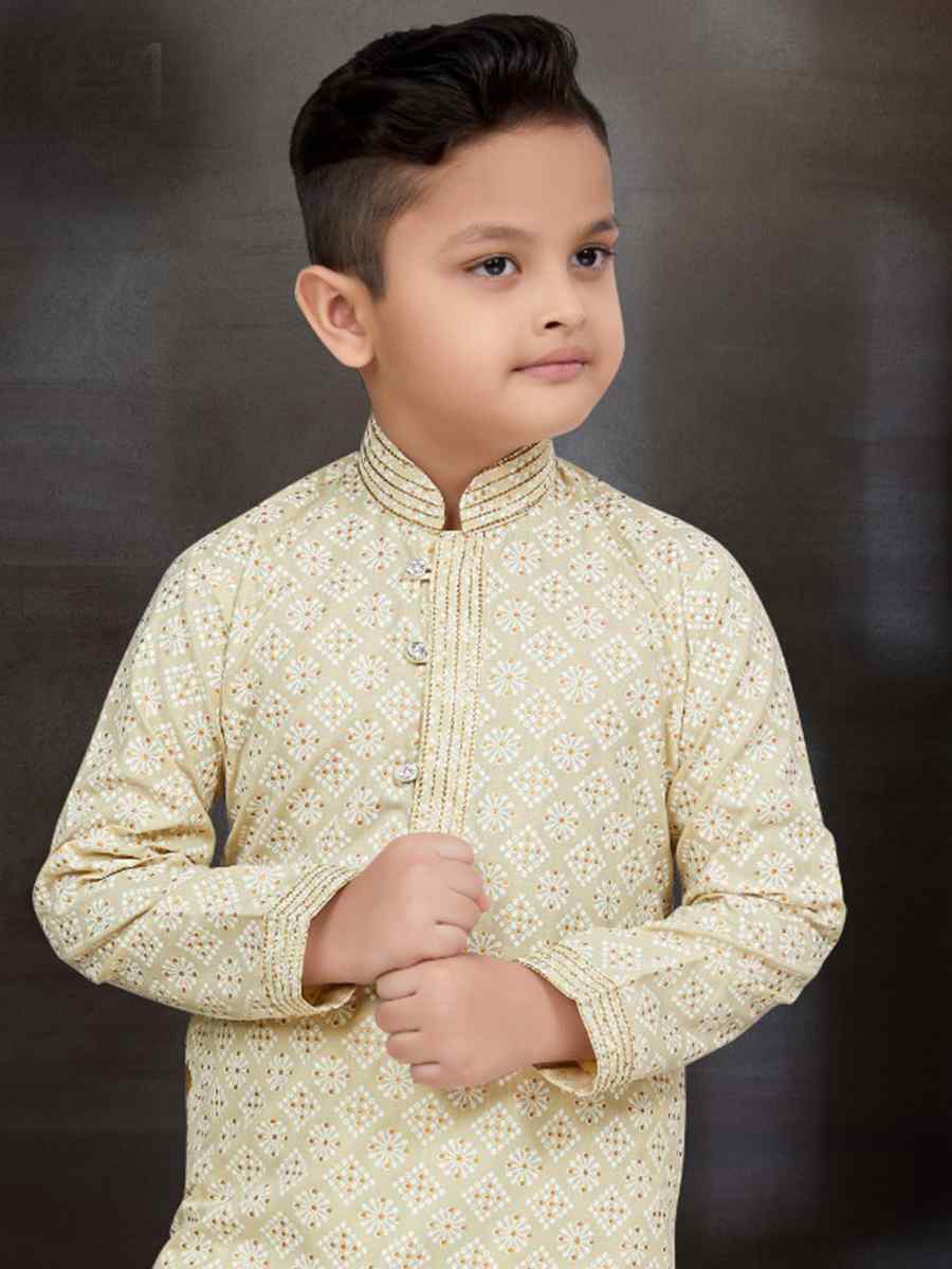 Light Gold Cotton Printed Festival Traditional Kurta Pyjama Boys Wear