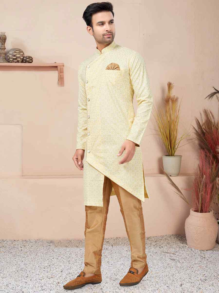 Light Gold Cotton Printed Wedding Festival Sherwani