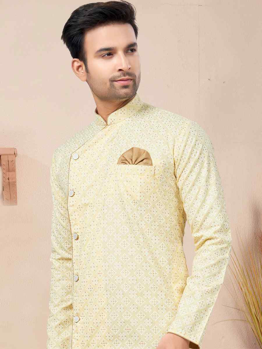 Light Gold Cotton Printed Wedding Festival Sherwani