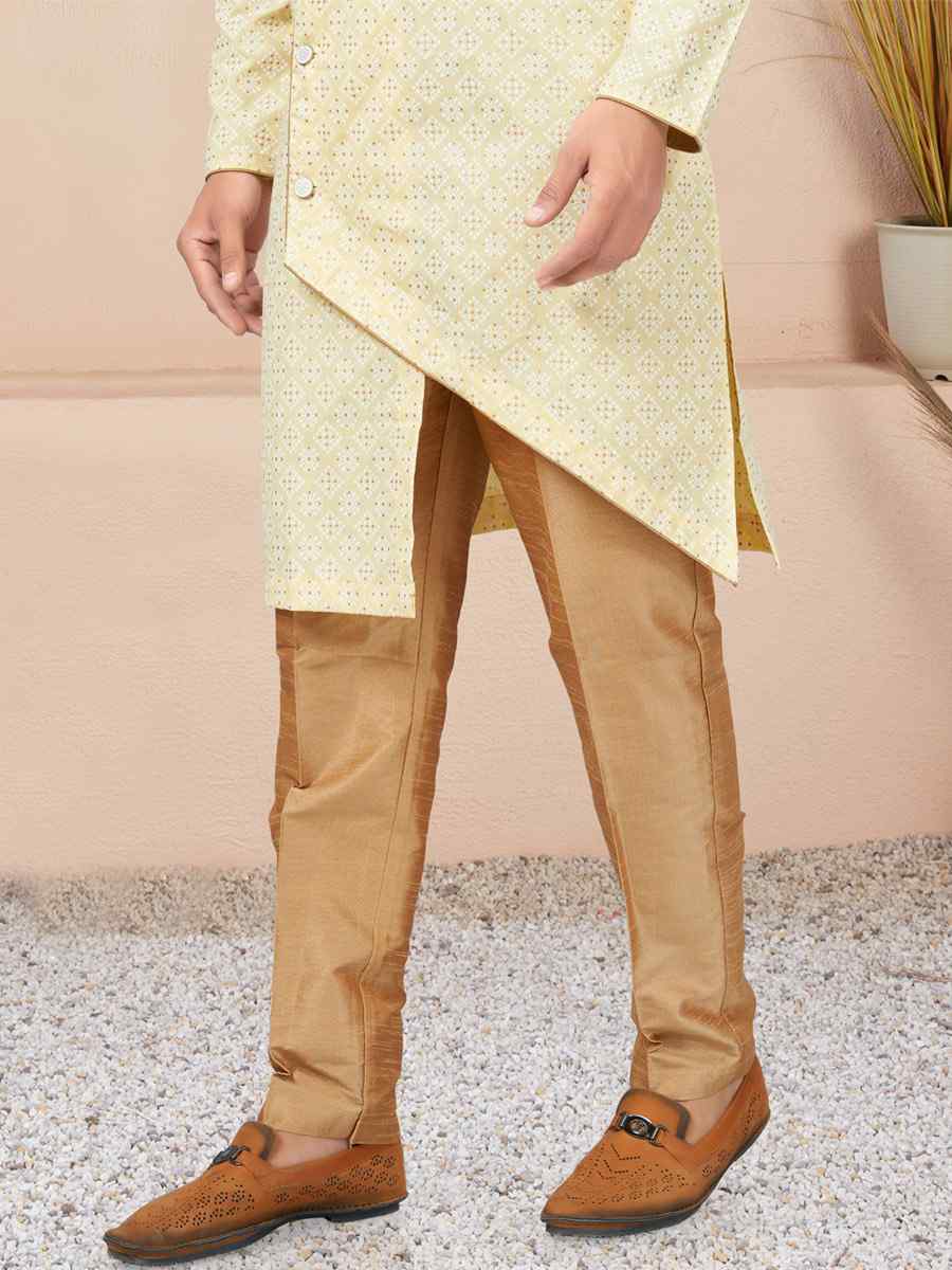 Light Gold Cotton Printed Wedding Festival Sherwani