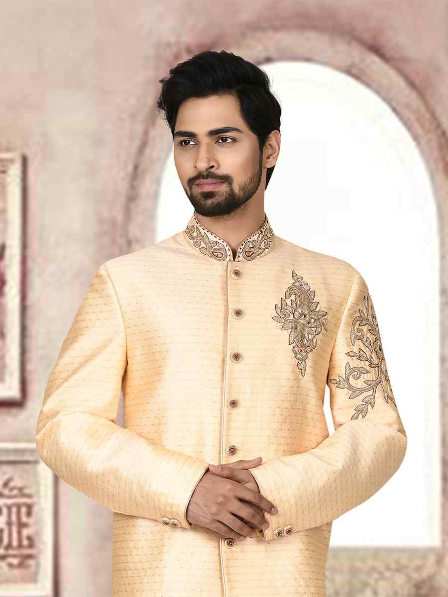 Light Gold Jacquard Embroidered Groom Wedding Sherwani