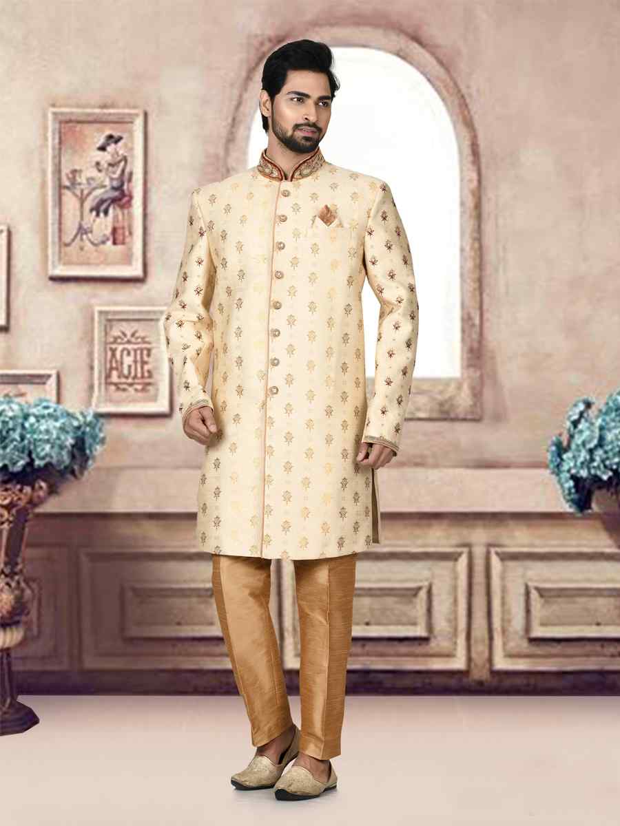 Light Gold Jacquard Embroidered Groom Wedding Sherwani