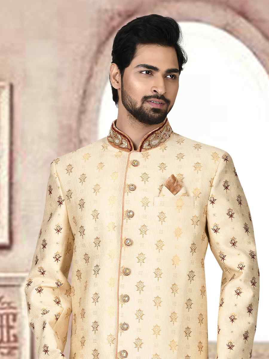 Light Gold Jacquard Embroidered Groom Wedding Sherwani