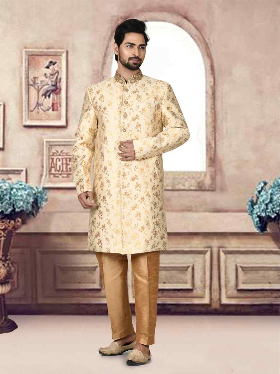 Light Gold Jacquard Embroidered Groom Wedding Sherwani