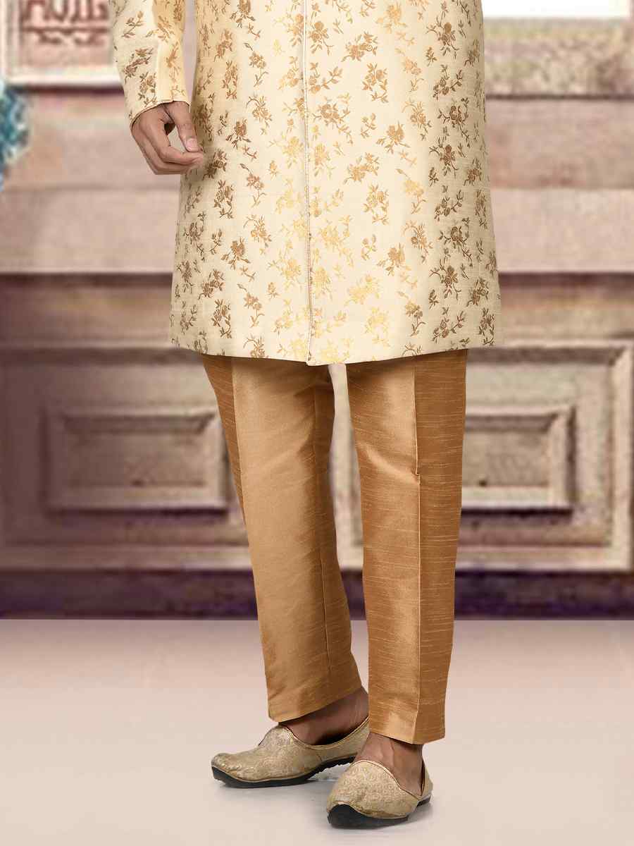 Light Gold Jacquard Embroidered Groom Wedding Sherwani