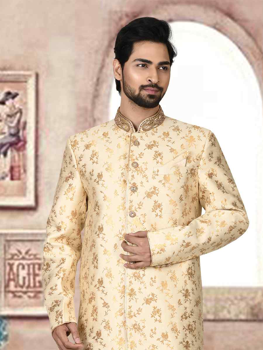 Light Gold Jacquard Embroidered Groom Wedding Sherwani