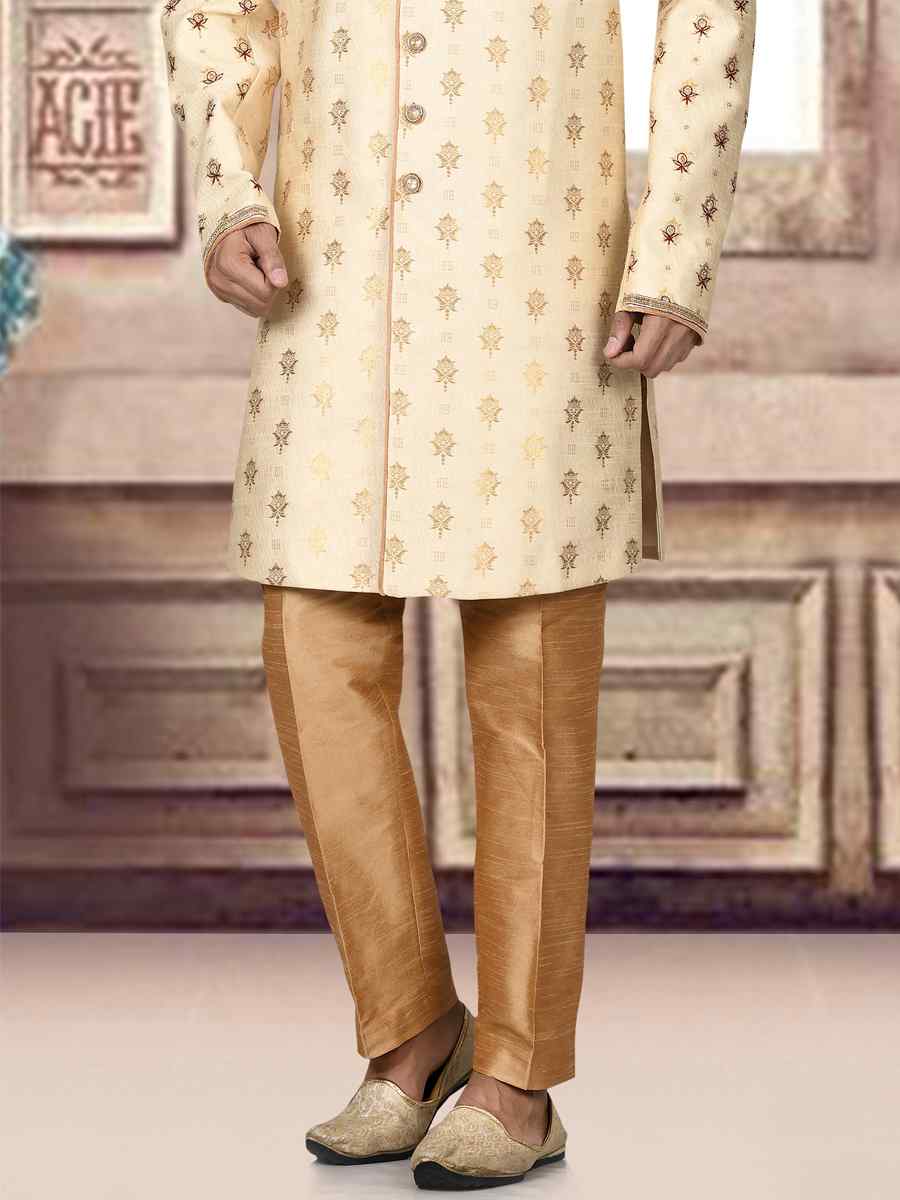 Light Gold Jacquard Embroidered Groom Wedding Sherwani
