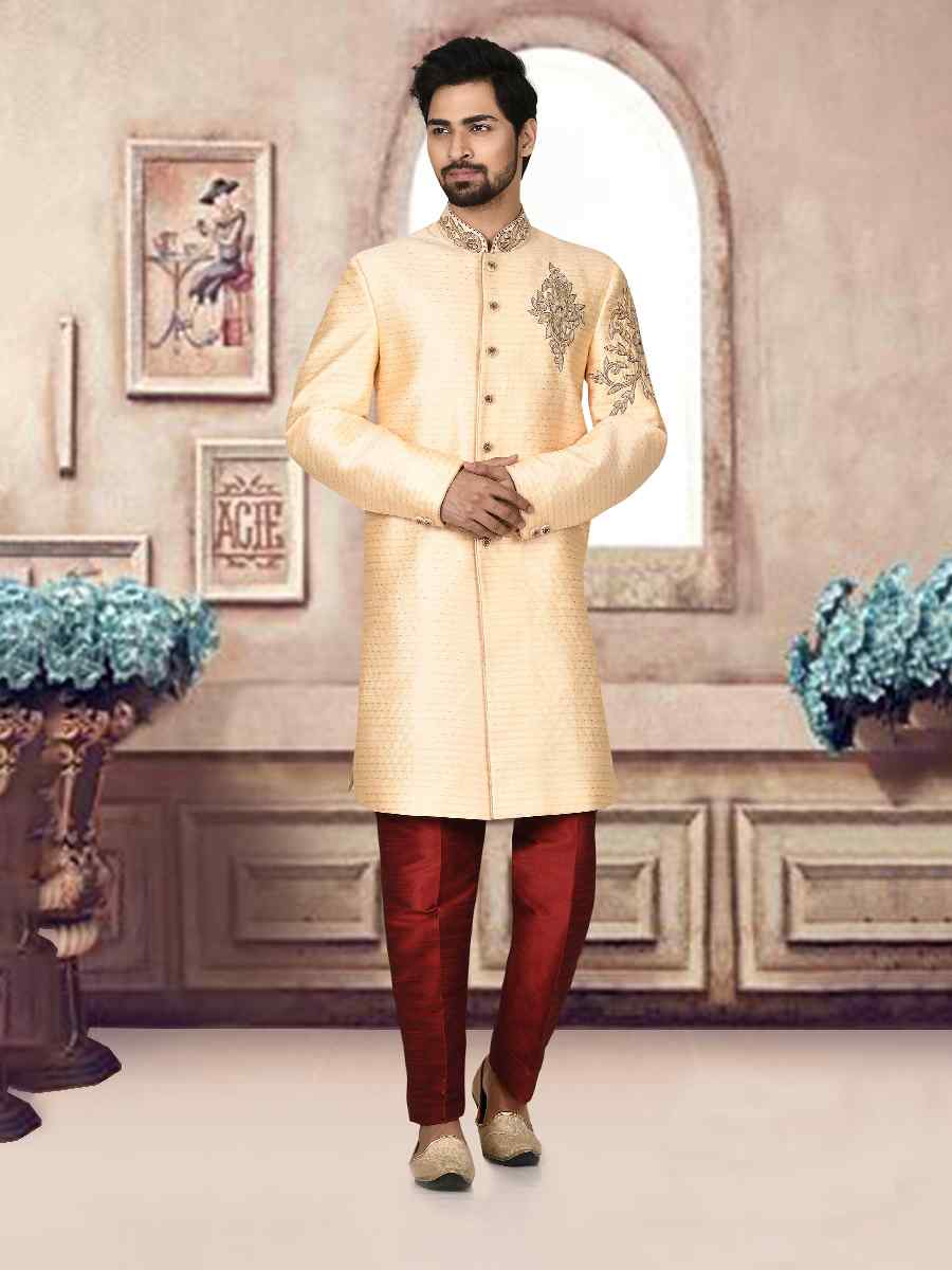 Light Gold Jacquard Embroidered Groom Wedding Sherwani