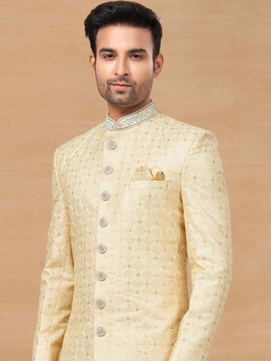 Light Gold Poly Styrene Woven Festival Wedding Sherwani