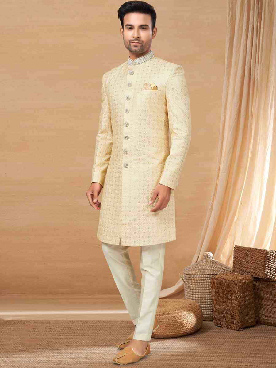 Light Gold Poly Styrene Woven Festival Wedding Sherwani