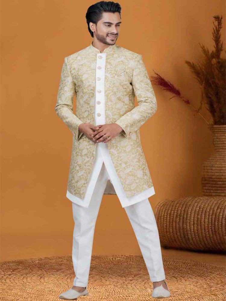 Light Golden Jacquard Silk Woven Groom Wedding Sherwani