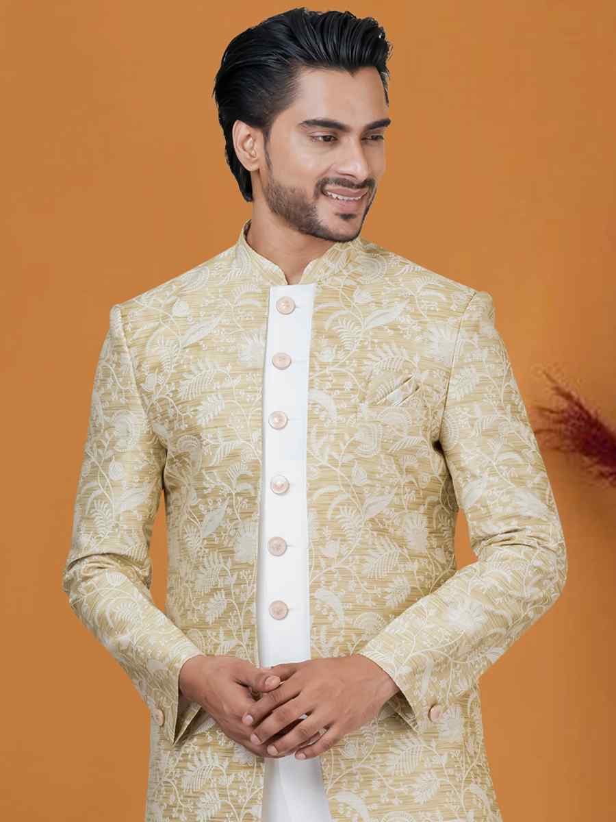 Light Golden Jacquard Silk Woven Groom Wedding Sherwani