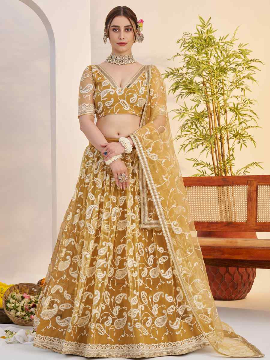 Light Golden Net Embroidered Wedding Reception Festival Heavy Border Lehenga Choli