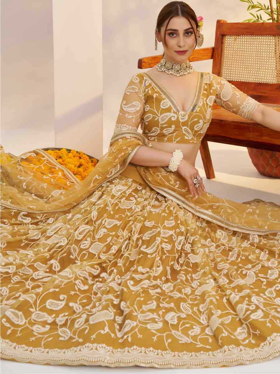 Light Golden Net Embroidered Wedding Reception Festival Heavy Border Lehenga Choli