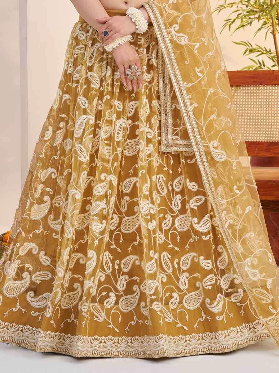 Light Golden Net Embroidered Wedding Reception Festival Heavy Border Lehenga Choli