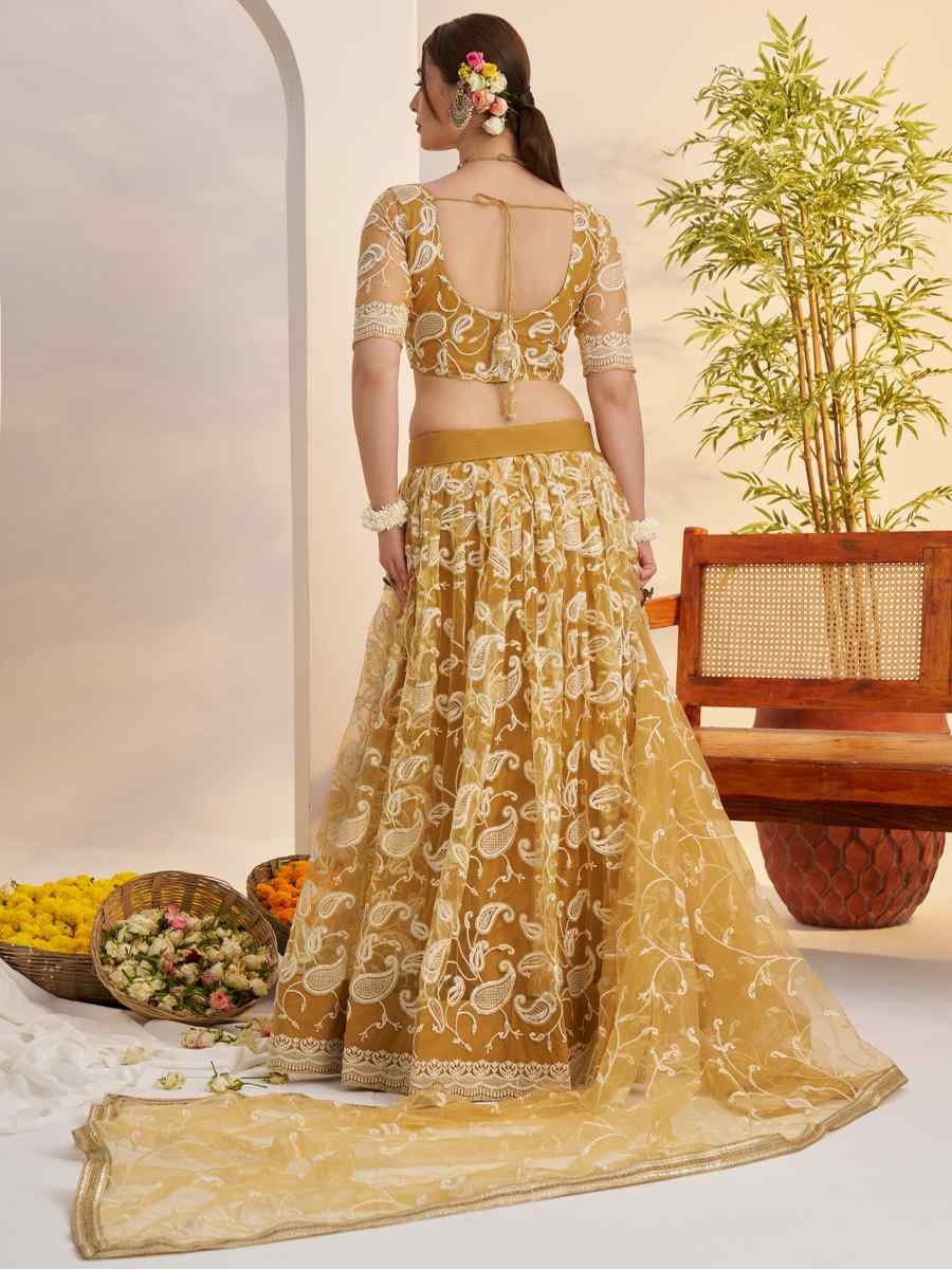 Light Golden Net Embroidered Wedding Reception Festival Heavy Border Lehenga Choli
