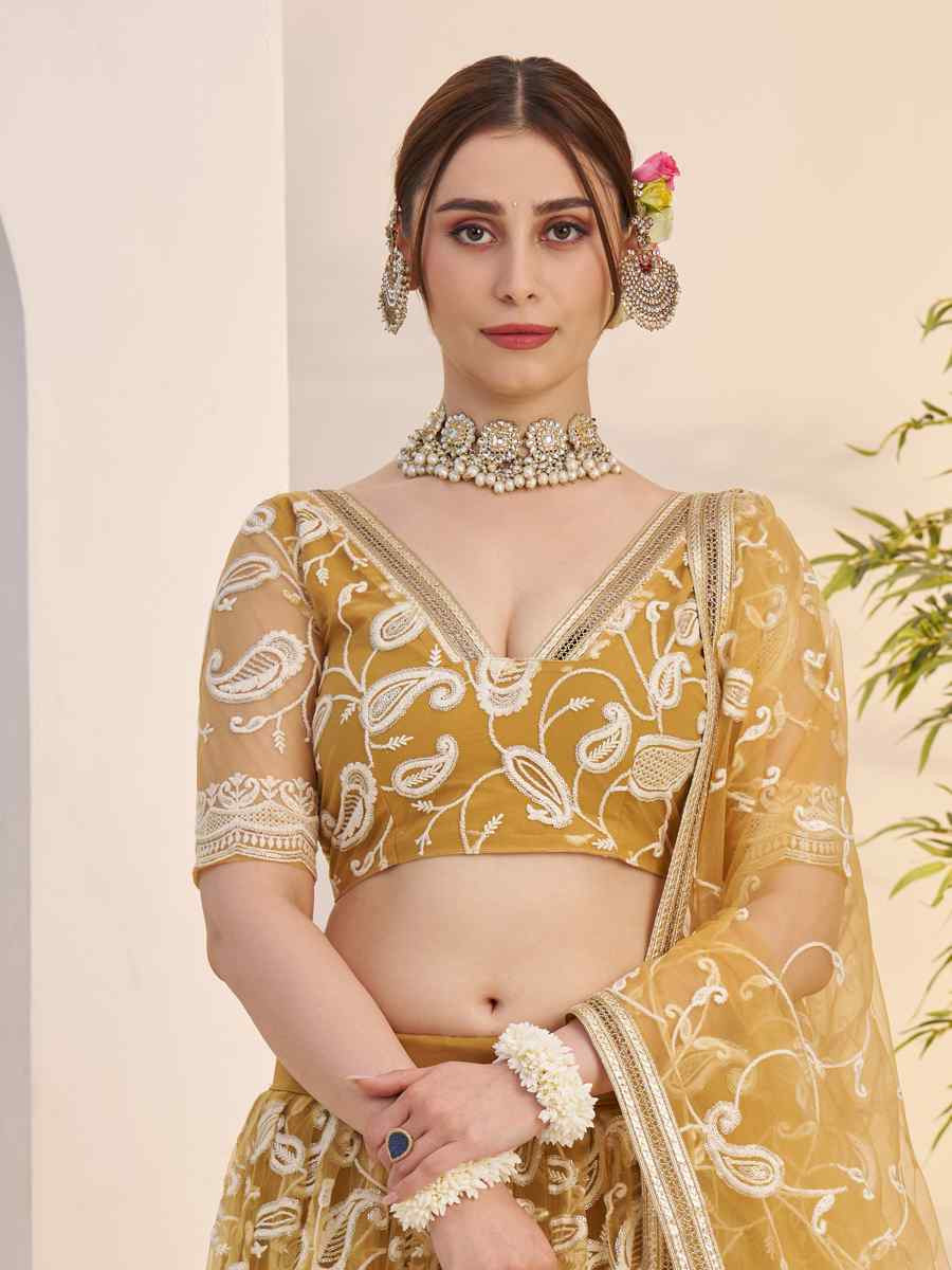 Light Golden Net Embroidered Wedding Reception Festival Heavy Border Lehenga Choli