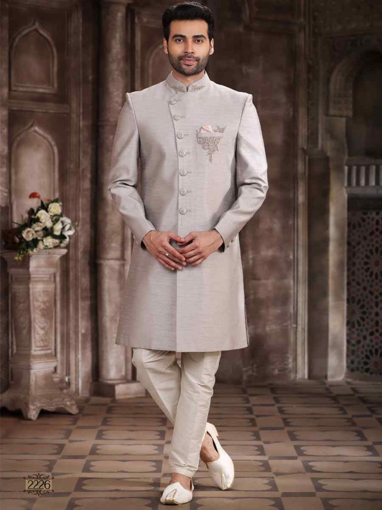 Light Gray Art Silk Embroidered Wedding Groom Sherwani