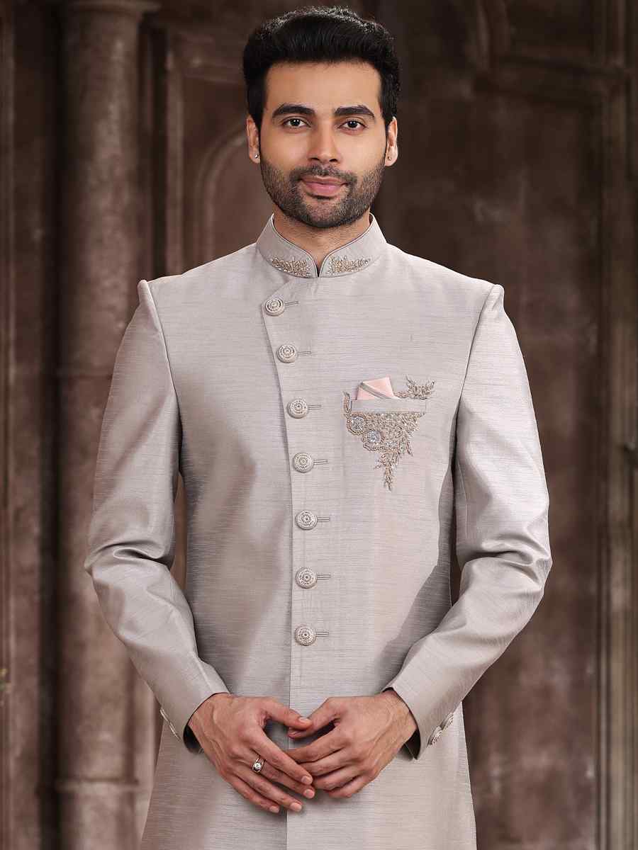 Light Gray Art Silk Embroidered Wedding Groom Sherwani