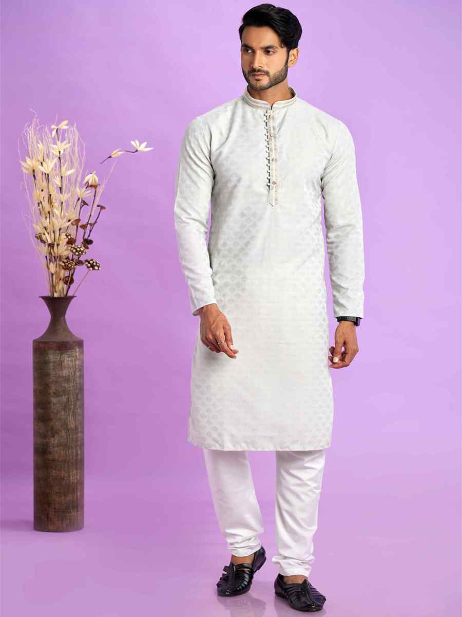 Light Gray Jacquard Art Soft Silk Printed Festival Casual Kurta