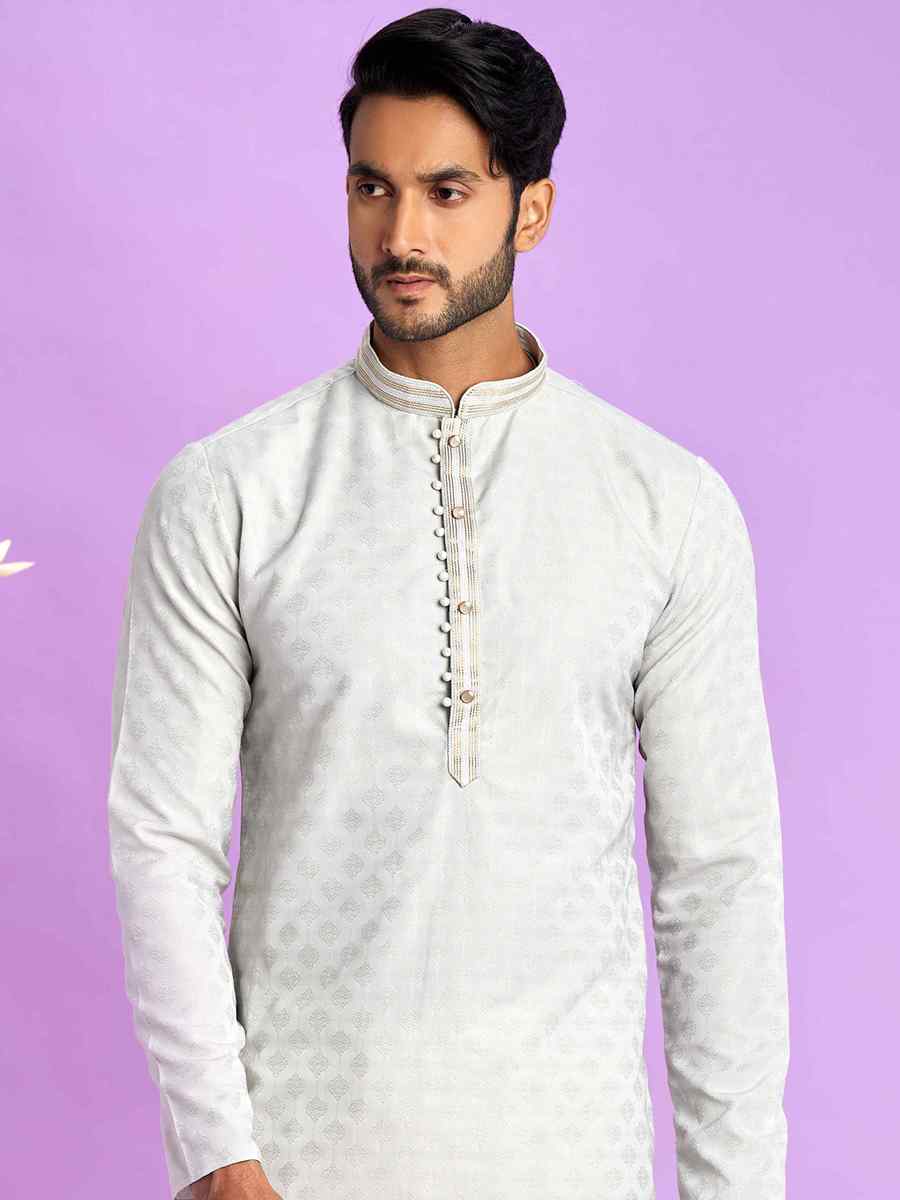 Light Gray Jacquard Art Soft Silk Printed Festival Casual Kurta
