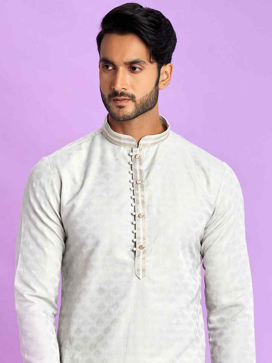 Light Gray Jacquard Art Soft Silk Printed Festival Casual Kurta