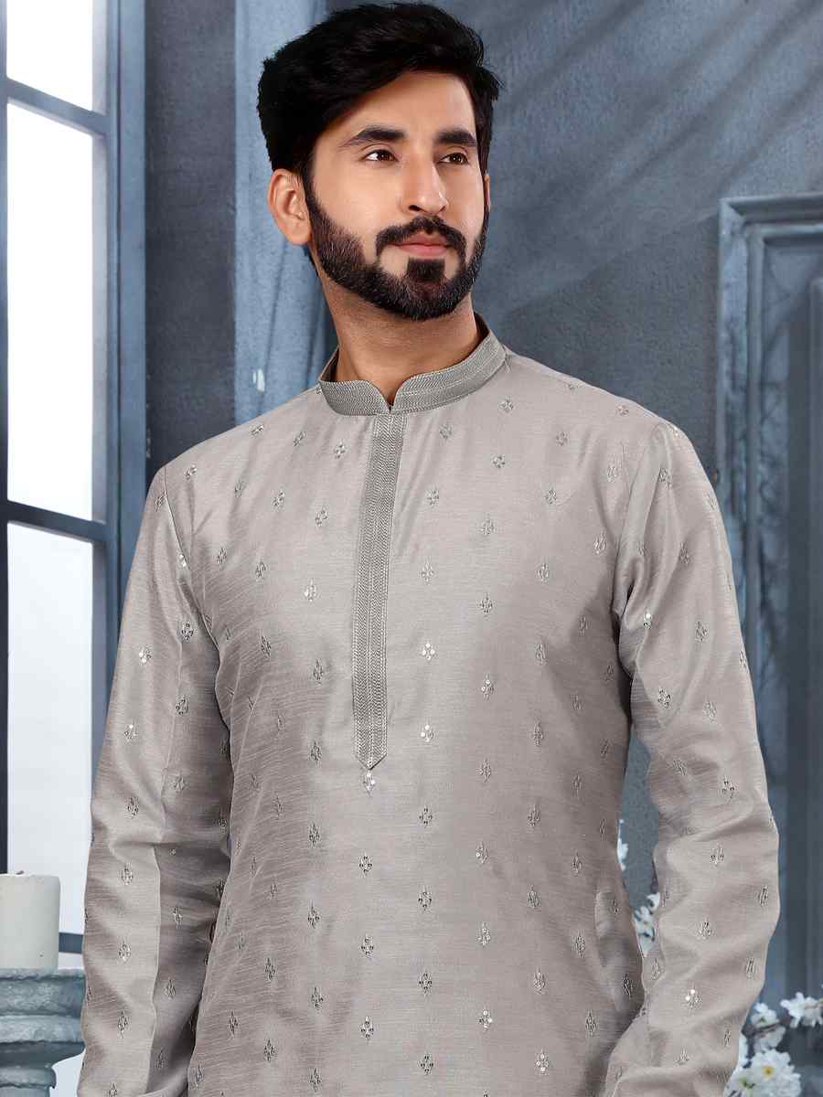 Light Gray Silk Woven Festival Party Kurta