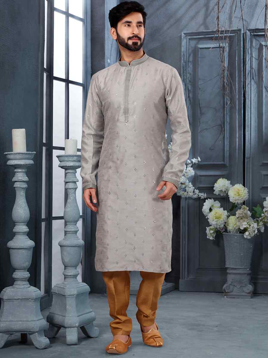 Light Gray Silk Woven Festival Party Kurta