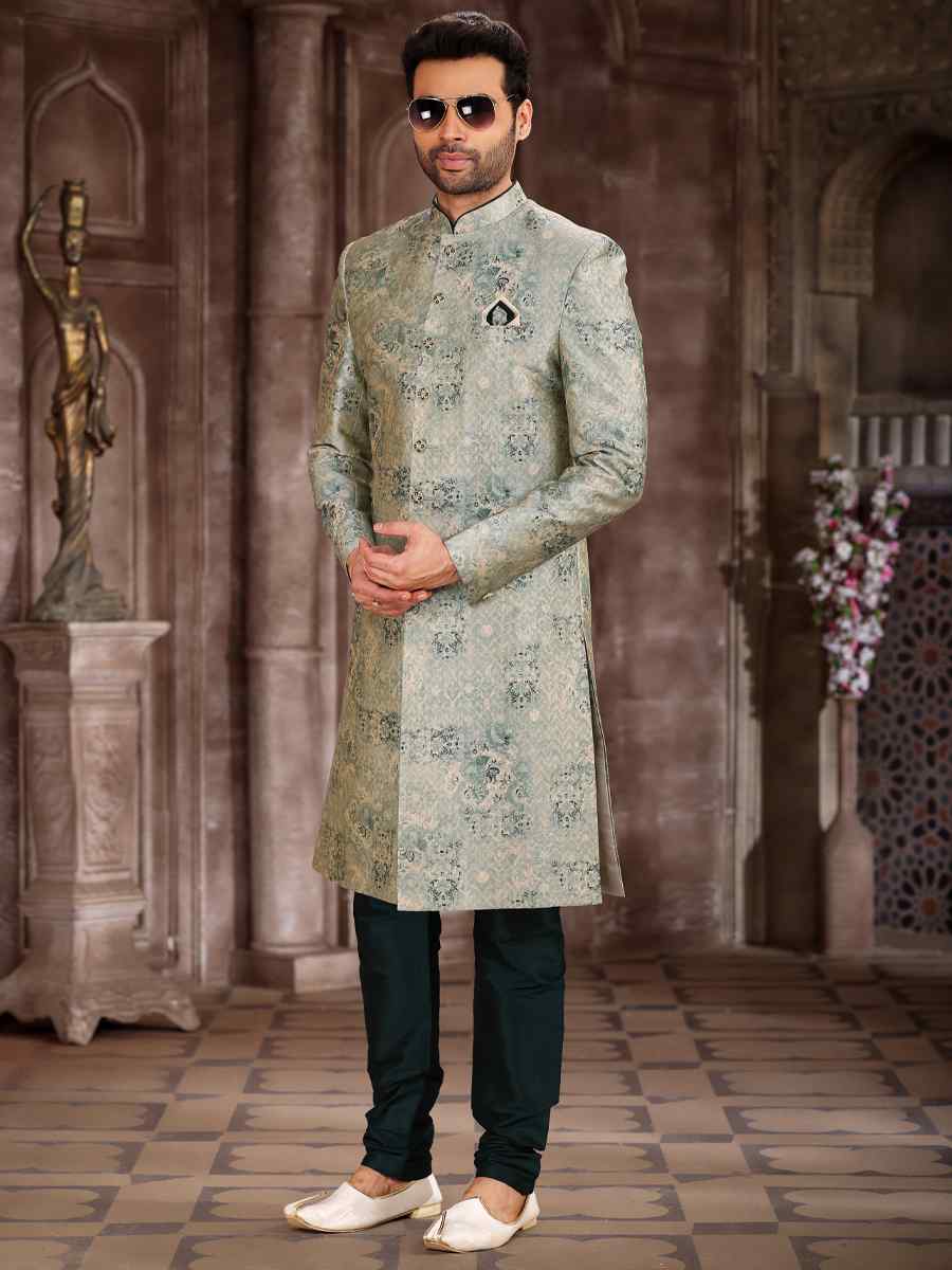 Light Green Art Silk Woven Wedding Party Sherwani