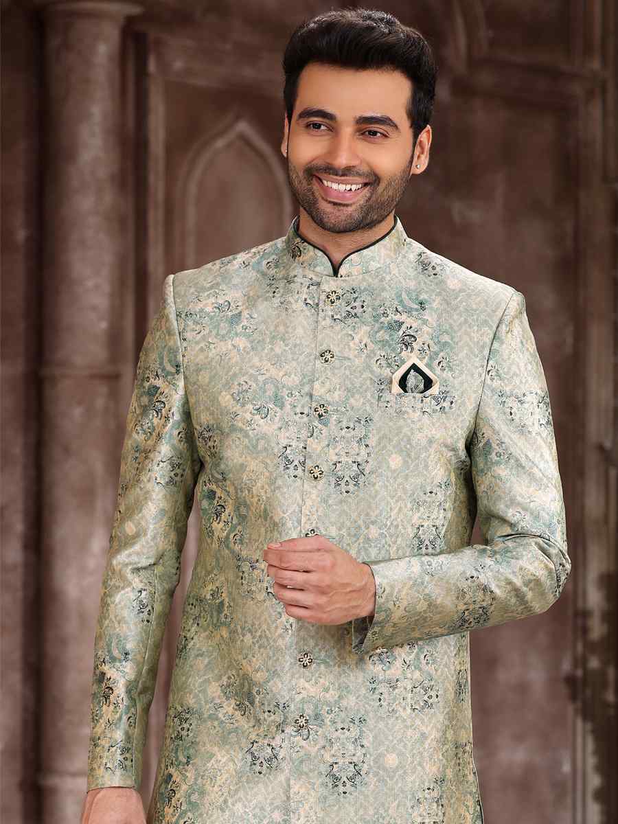 Light Green Art Silk Woven Wedding Party Sherwani