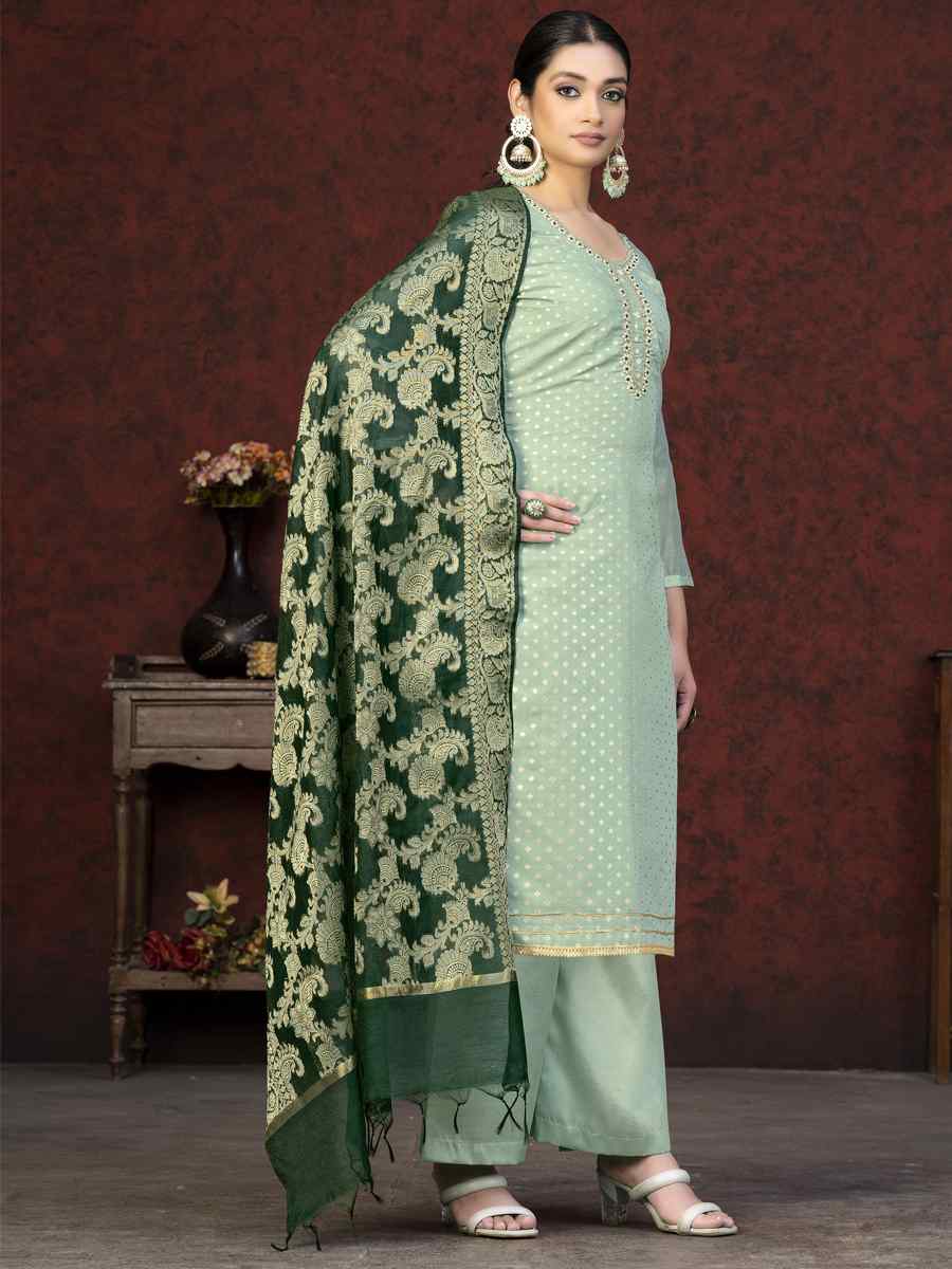Light Green Banarasi Jacquard Embroidered Casual Festival Pant Salwar Kameez