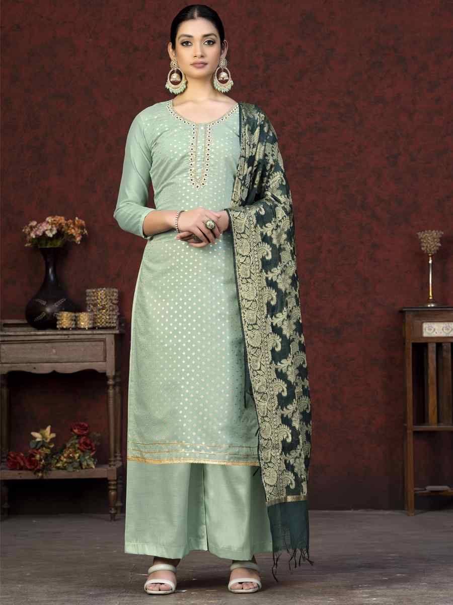 Light Green Banarasi Jacquard Embroidered Casual Festival Pant Salwar Kameez