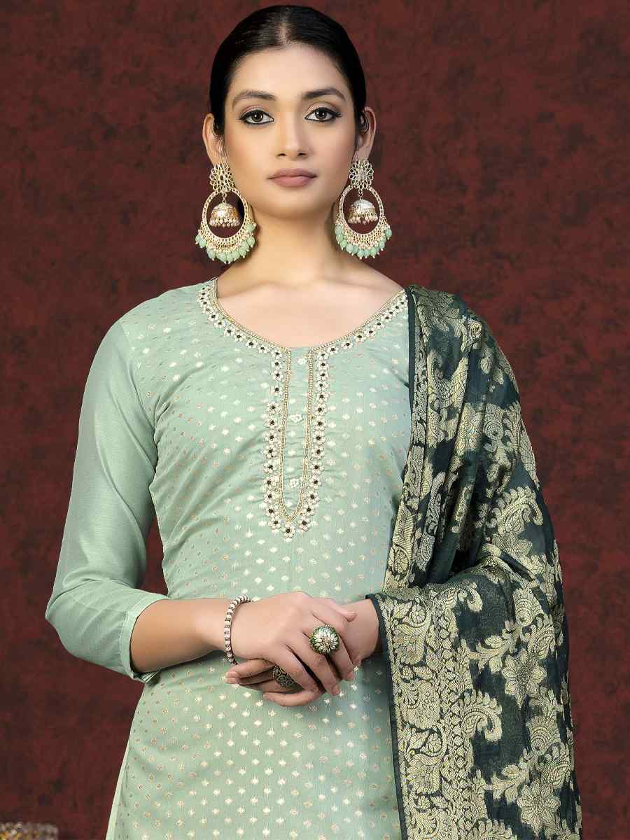 Light Green Banarasi Jacquard Embroidered Casual Festival Pant Salwar Kameez