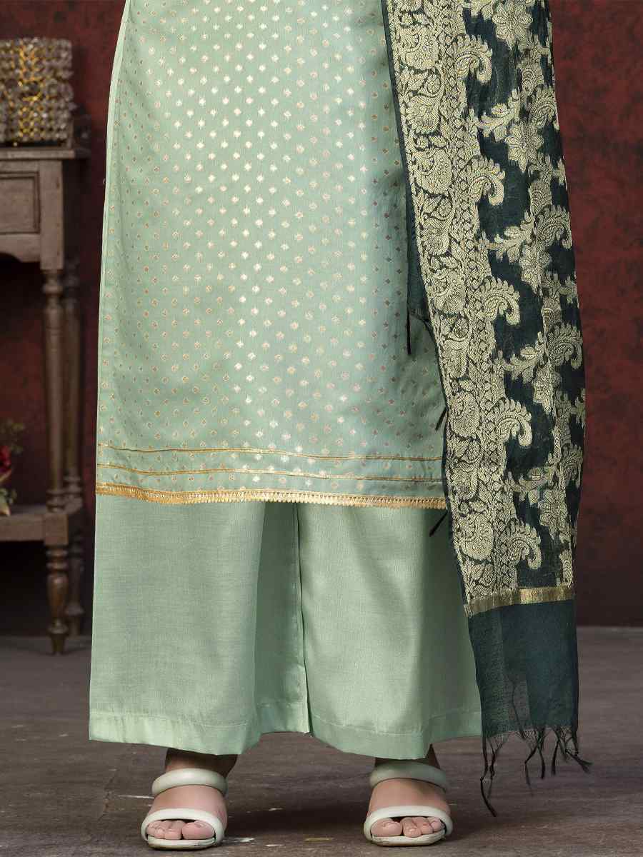 Light Green Banarasi Jacquard Embroidered Casual Festival Pant Salwar Kameez
