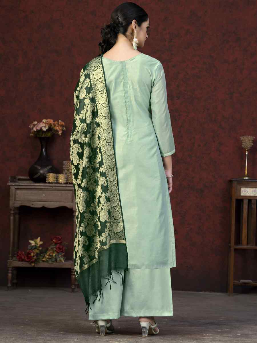 Light Green Banarasi Jacquard Embroidered Casual Festival Pant Salwar Kameez