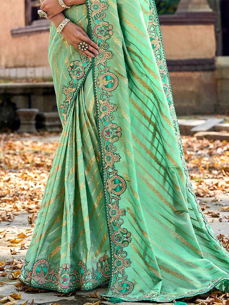 Light Green Banarasi Silk Embroidered Wedding Festival Heavy Border Saree