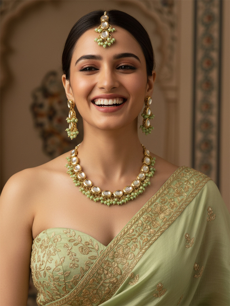 Light Green Brass Wedding Party Festival Wear Kundan Necklace