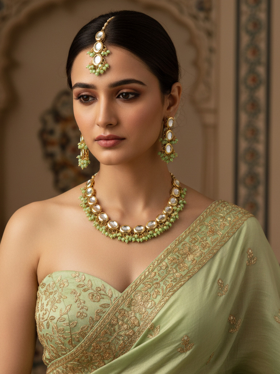 Light Green Brass Wedding Party Festival Wear Kundan Necklace