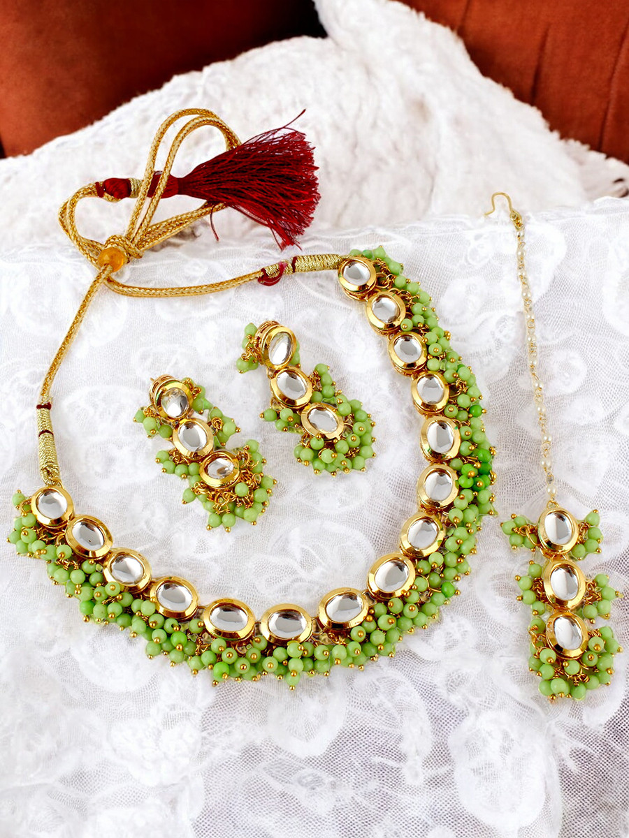 Light Green Brass Wedding Party Festival Wear Kundan Necklace