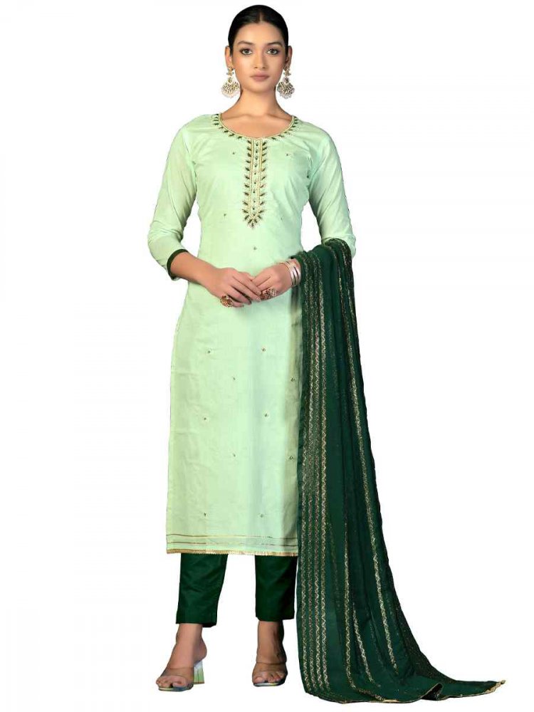 Light Green Cambric Cotton Handwoven Casual Festival Pant Salwar Kameez