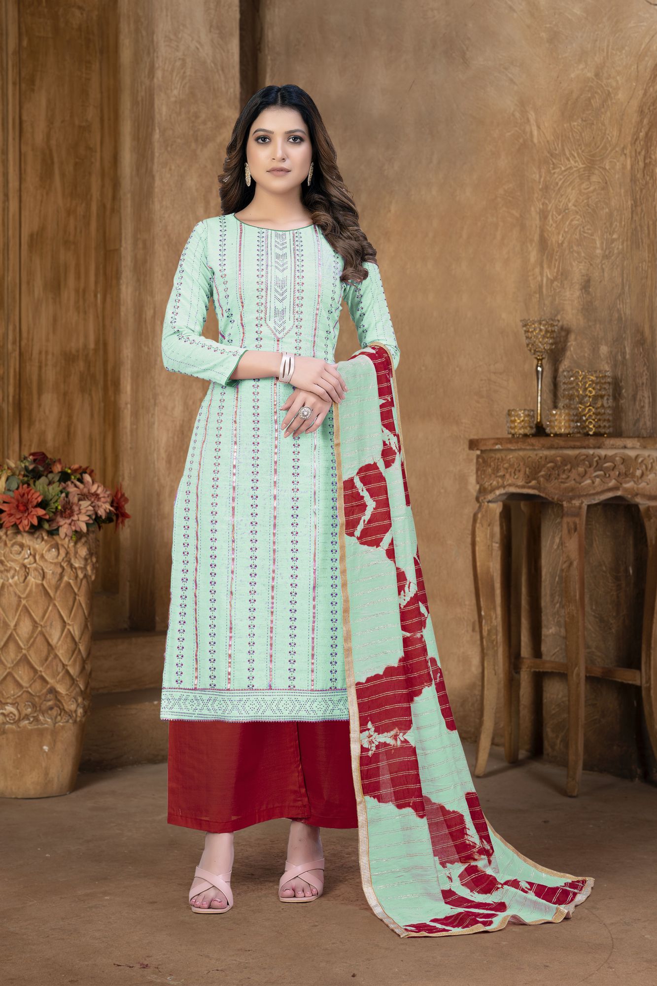 Light Green Cambric Cotton Lace Party  Festival Pant Salwar Kameez