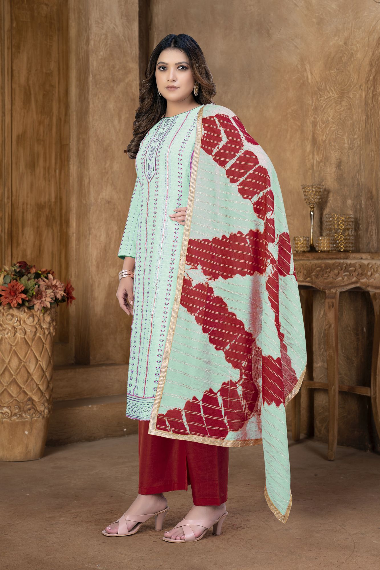 Light Green Cambric Cotton Lace Party  Festival Pant Salwar Kameez