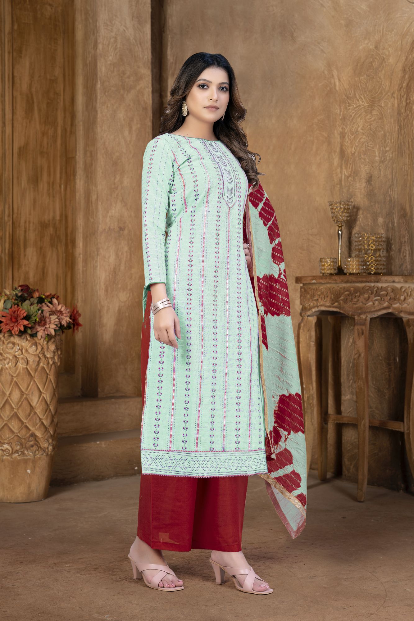 Light Green Cambric Cotton Lace Party  Festival Pant Salwar Kameez