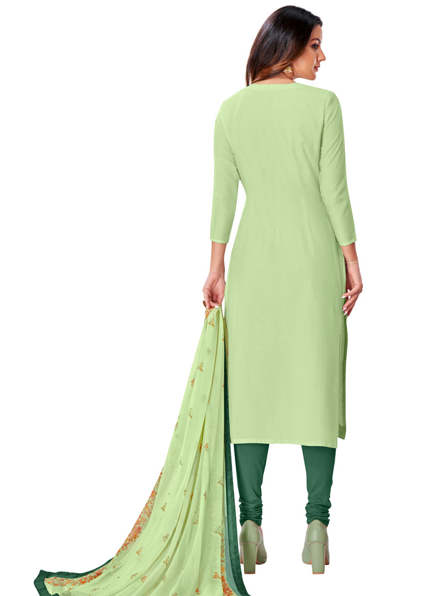 Light Green Chanderi Cotton Embroidered Party Churidar Pant Kameez