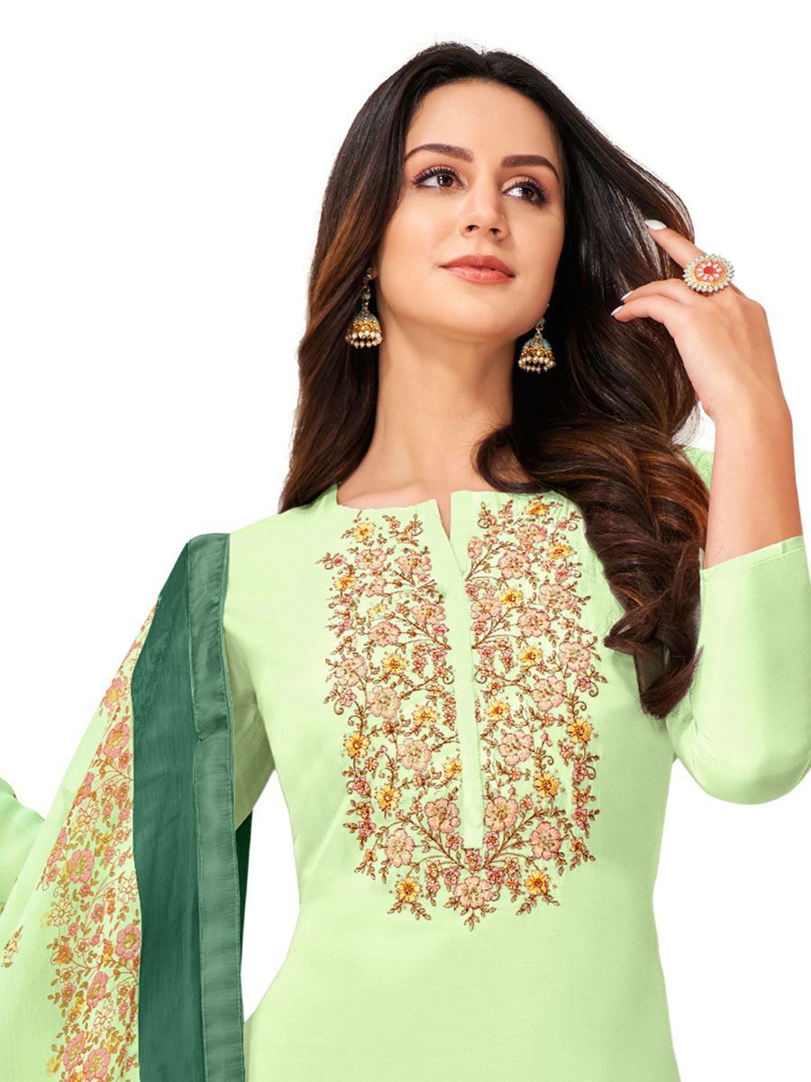 Light Green Chanderi Cotton Embroidered Party Churidar Pant Kameez