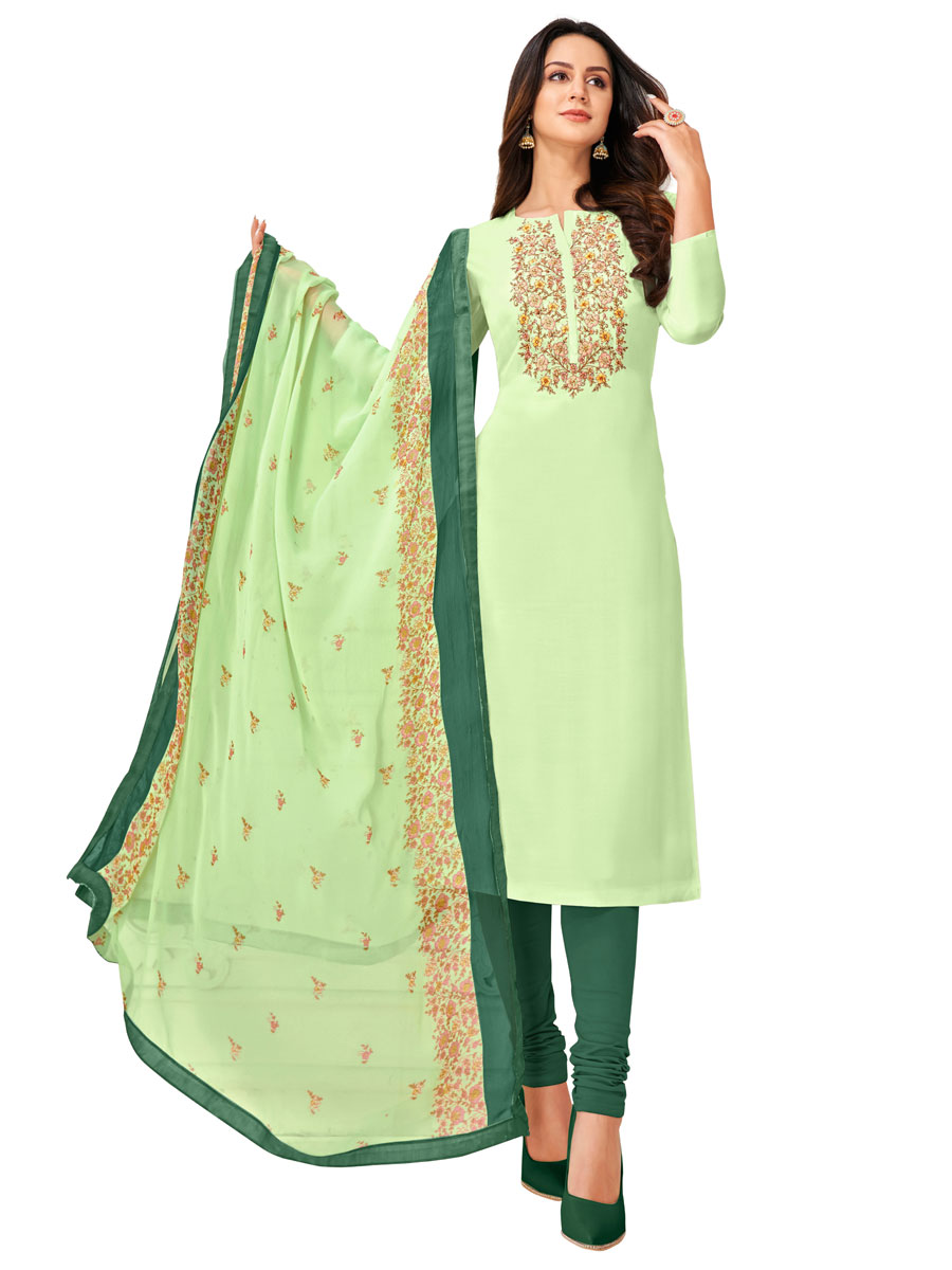 Light Green Chanderi Cotton Embroidered Party Churidar Pant Kameez