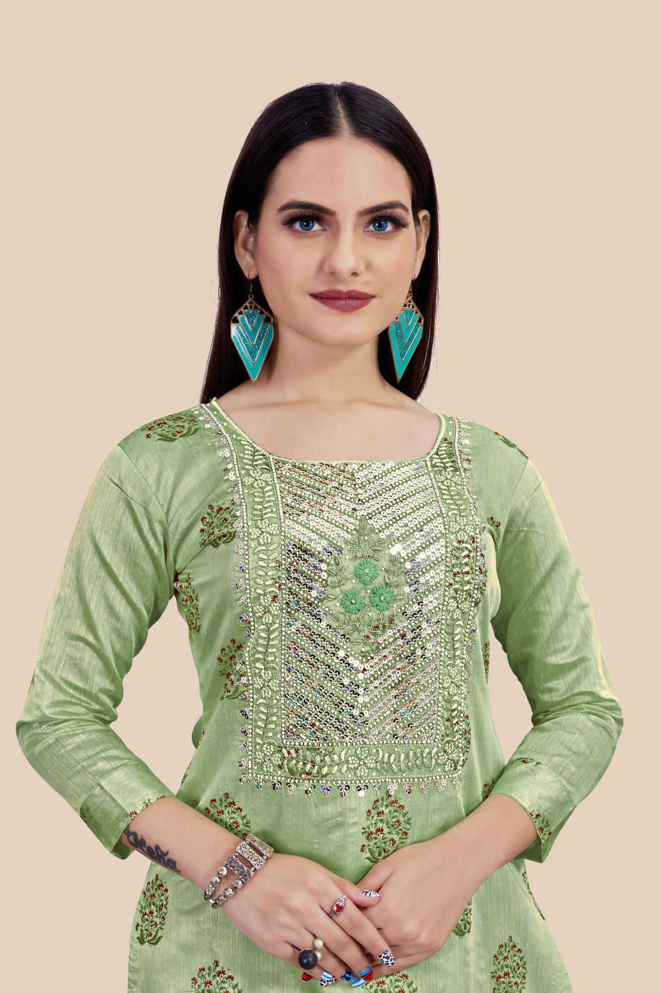 Light Green Chanderi Printed Sequins Festival Party Churidar Salwar Kameez
