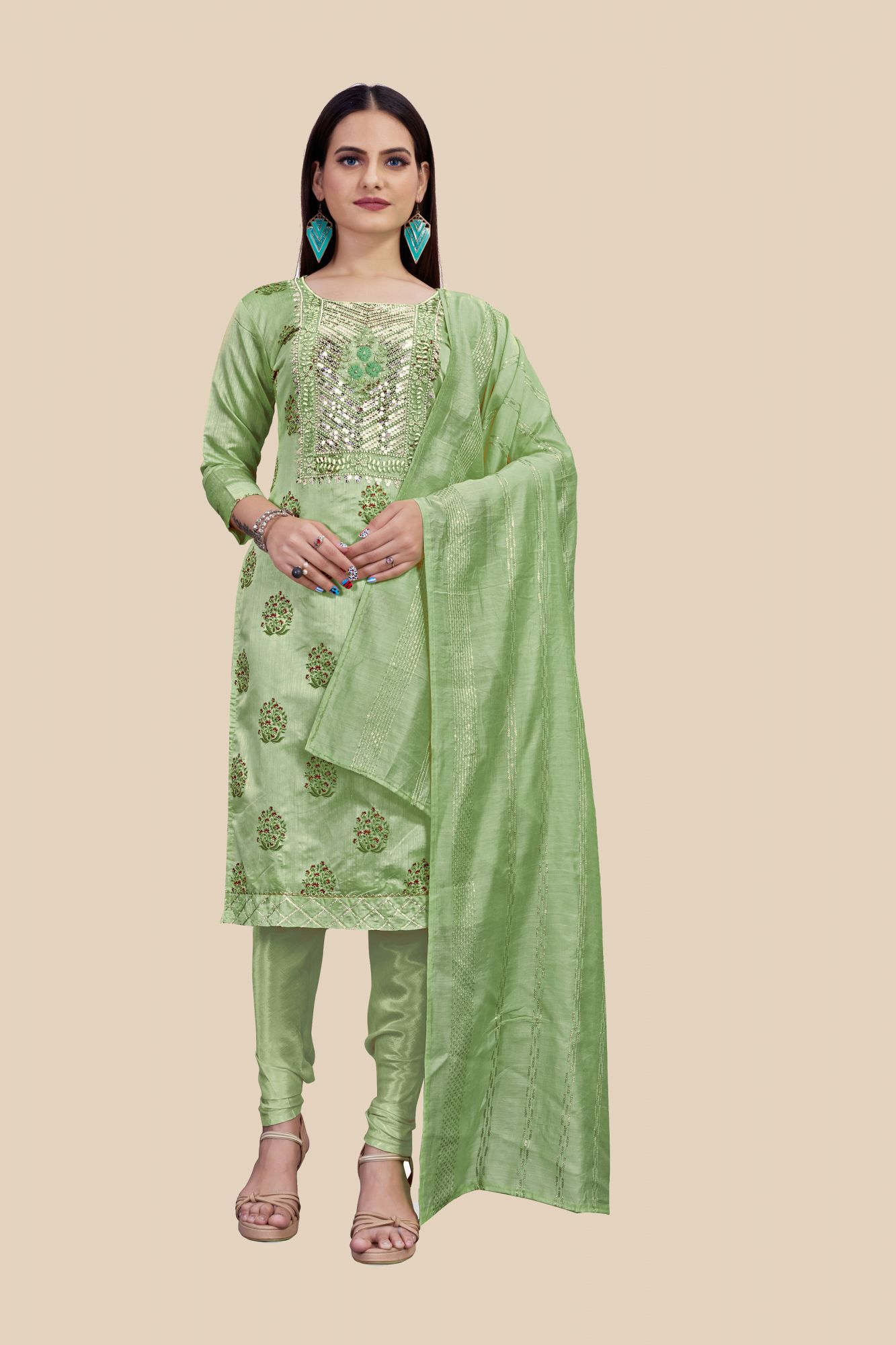 Light Green Chanderi Printed Sequins Festival Party Churidar Salwar Kameez