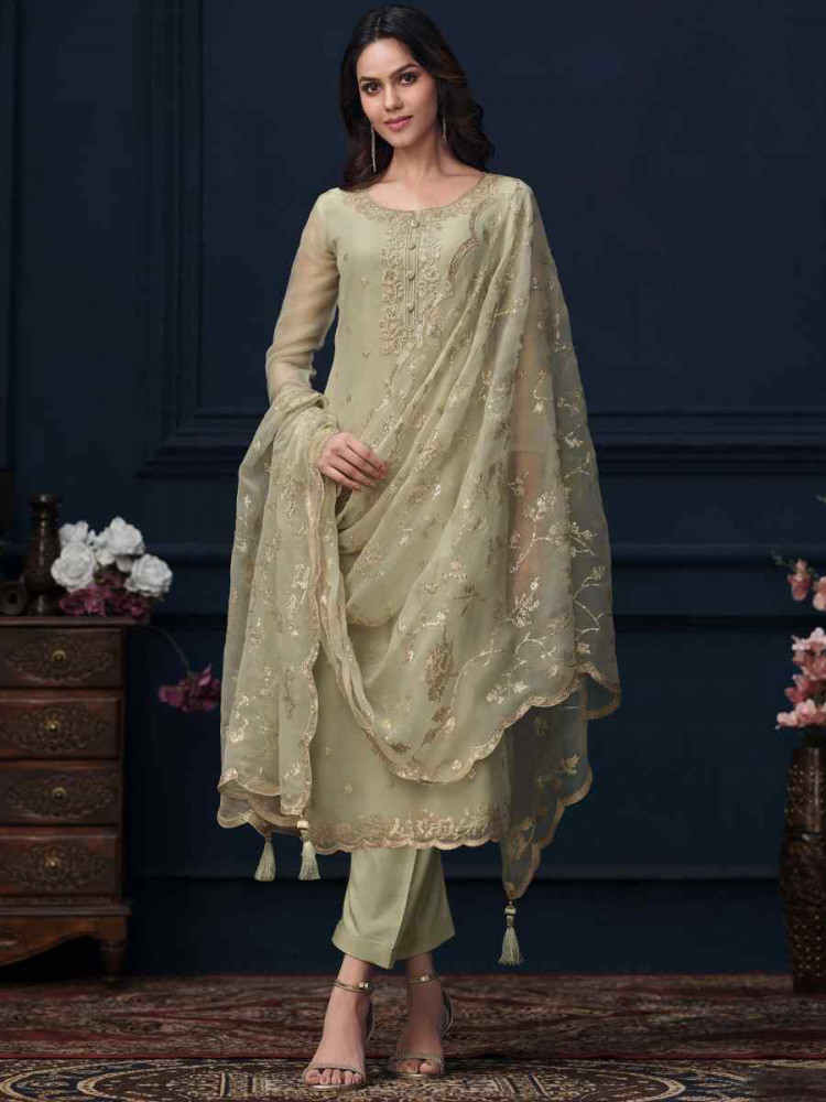 Light Green Chiffon Organza Embroidered Festival Wedding Pant Salwar Kameez