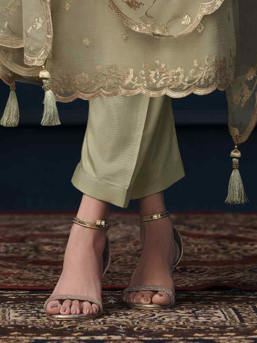 Light Green Chiffon Organza Embroidered Festival Wedding Pant Salwar Kameez